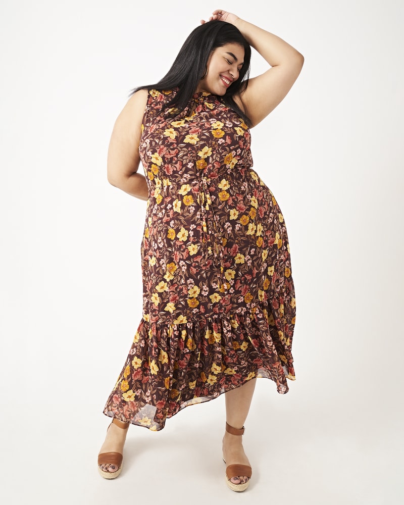 Plus size model with hourglass body shape wearing Elowen Floral Print Ruffled Maxi Dress by Chetta B. | Dia&Co | dia_product_style_image_id:160840